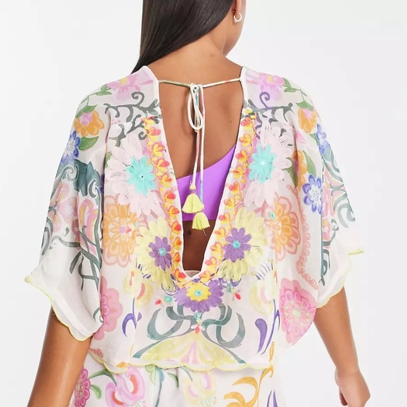 River Island Tops - River Island‎ Embroidered Kimono Crop Beach Top